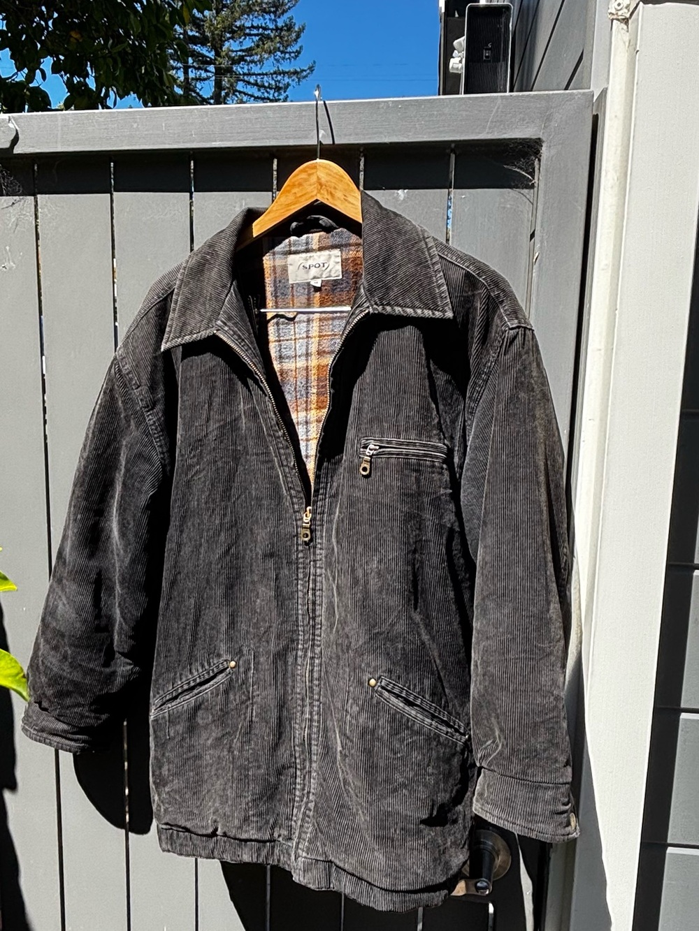 Men's Black Corduroy Zip Jacket with Plaid Lining